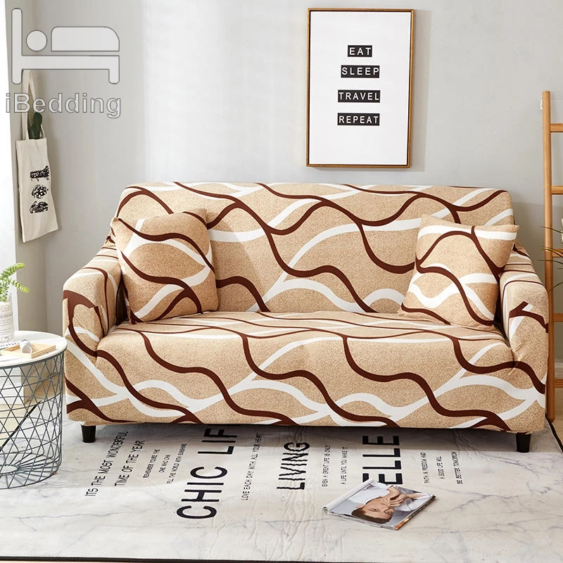 

Beige Wavy Lines Elastic Sofa Protector Cover for Living Room Sofa Slipcovers Sectional L Shape Sofacover 1/2/3/4 Seater