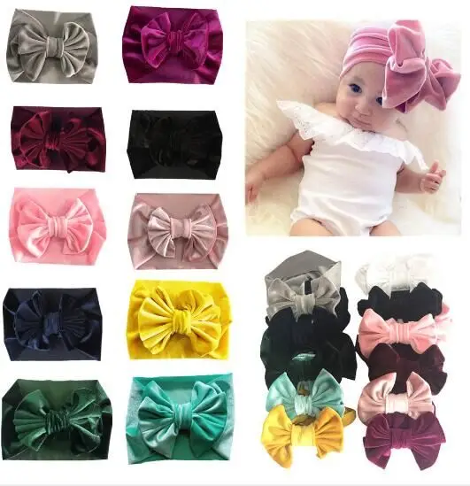 

20pc/lot New Fashion Kids Solid Cloth Hair Bow Headband Girls Large Smooth Velvet Kids Girl Hair Bow Elastic Headband Headwrap