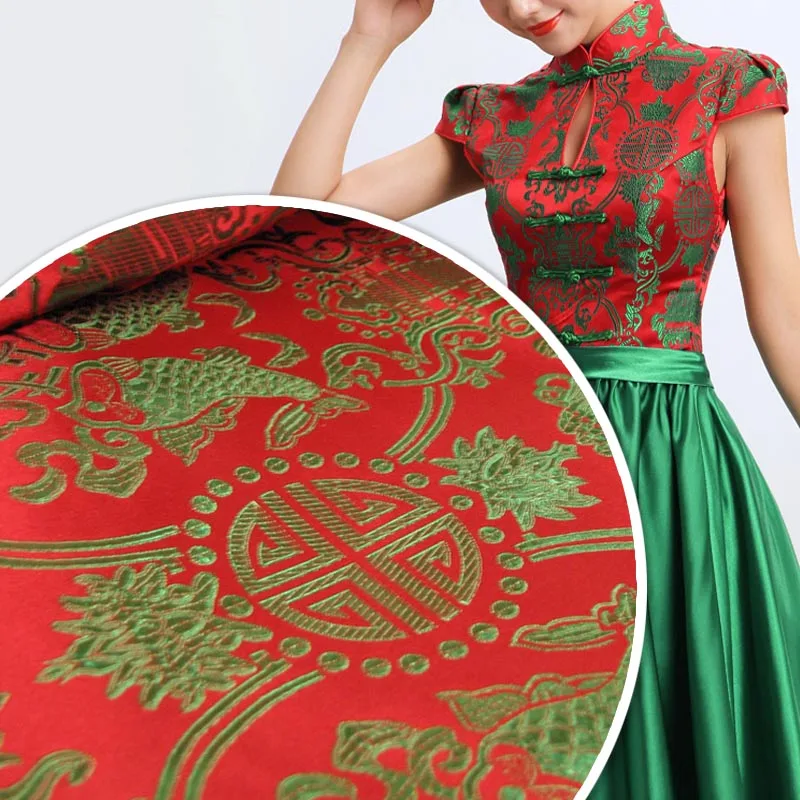 

Red/green riches and honour Pisces traditional Chinese wind silk satin brocade fabric/cheongsam hanfu manually/100CM*75CM