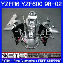 Корпус для YAMAHA YZF-R6 YZF 600 YZFR6 98 99 00 01 02 100HM11 YZF-R600 YZF600 YZF R6 1998 1999 2000 2001 2002 обтекателя серебристо-черного цвета