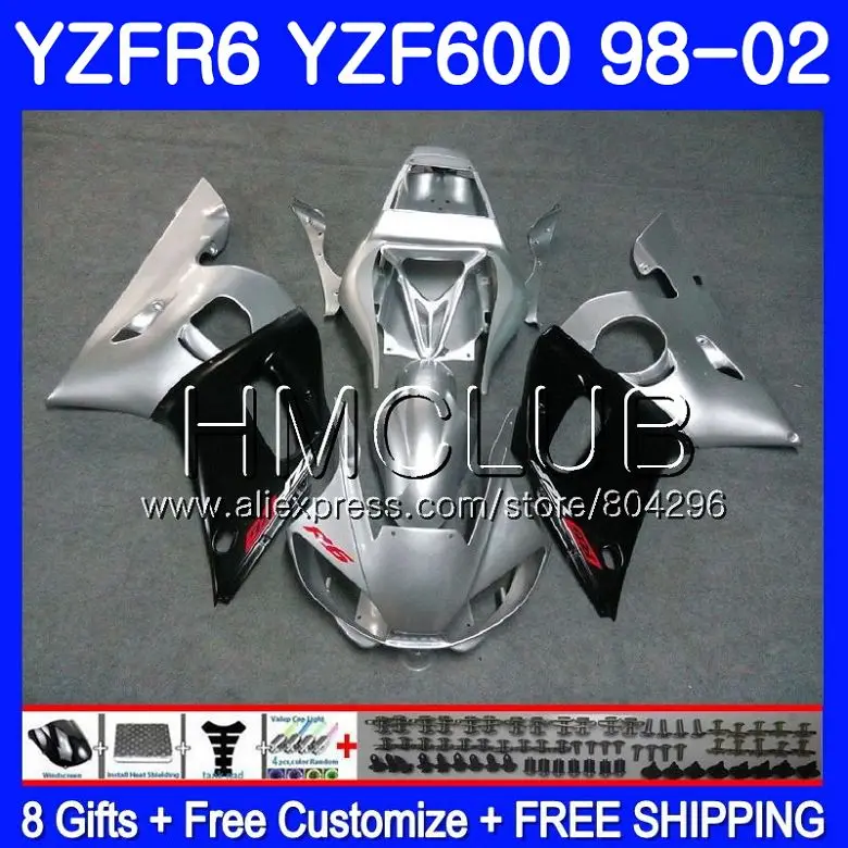 

Body For YAMAHA YZF-R6 YZF 600 YZFR6 98 99 00 01 02 100HM11 YZF-R600 YZF600 YZF R6 1998 1999 2000 2001 2002 Fairing Silver black