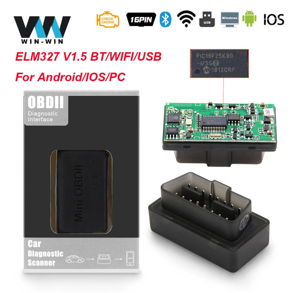 Автомобильный диагностический сканер ELM 327 V1.5 чип PIC18F25K80 OBD2 Bluetooth Wi Fi USB поддержка