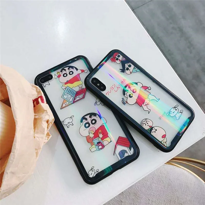 Crayon Shin-chan Japan Cartoon Colorful Light Hollow Clear Cases For iPhone X 6s Plus 7 8 Tempered Glass &amp TPU Phone Covers |