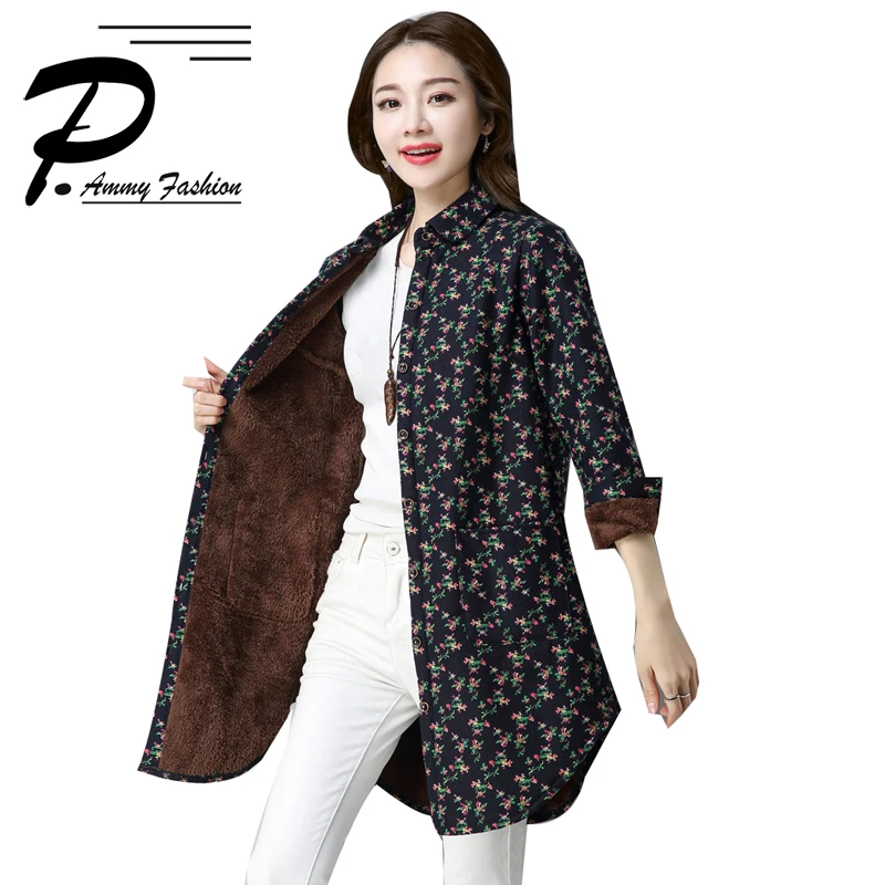 

Winter New Slim Coat Women Warm Plus velvet thick large size long sleeve Turn-down collar Cotton & Linen Printed Jacket