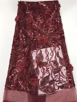 

Newest African Lace Fabric Applique French 3D Tulle Lace Fabric beads sequins High Quality Lace Material Nigeria Lace Fabric