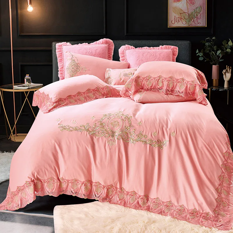 Waliicorners Gray 100%Cotton Lace Duvet Cover Bed sheet Set Embroidery Queen/King Size Bedclothes Luxury Bedding Sets Pillowcase ropa de cama 31 ZDSJ---ok