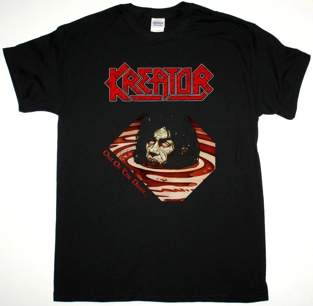 Мужская футболка с буквенным принтом KREATOR OUT OF THE DARK черная надписью SODOM deternation DEATHROW