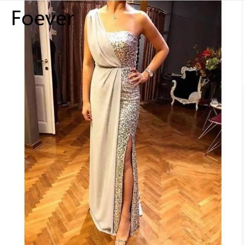 Vestidos Elegant Brush Train Sequin Gown One Shoulder High Leg Slit Silver Gray Evening Dress 2019 pink ball gown Evening Dresses