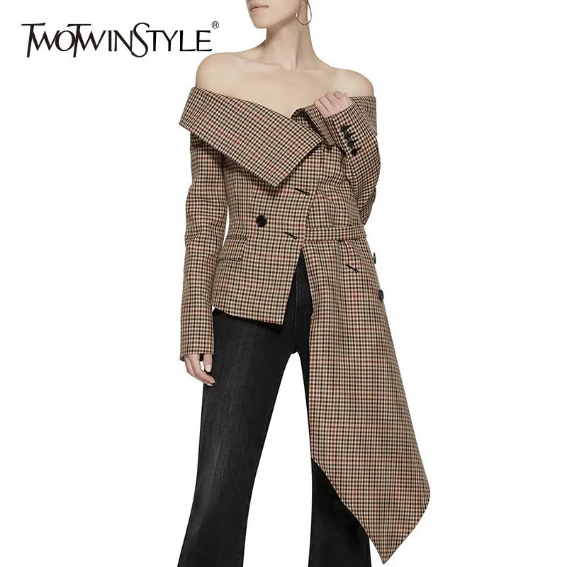 Tanie TWOTWINSTYLE Off Shoulder Plaid Blazer kurtka damska głęboki dekolt z długim rękawem nieregularne brzegi Plus rozmiar płaszcze damskie moda jesień