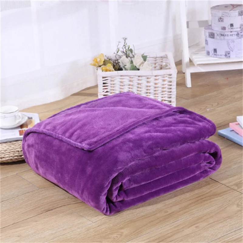 Super Soft Coral Fleece Blanket 220gsm Light Weight Solid Pink Blue Faux Fur Mink Throw Sofa Cover Bedspread Flannel Blankets - Цвет: Dk purple