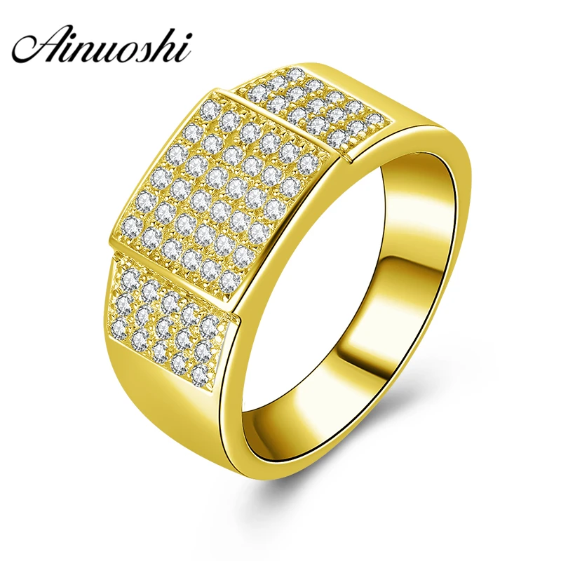 

AINUOSHI 10K Solid Yellow Gold Men Ring Layers Drills Rectangle Cluster Ring Wedding Engagement Gold Jewelry 7.5g Wedding Band
