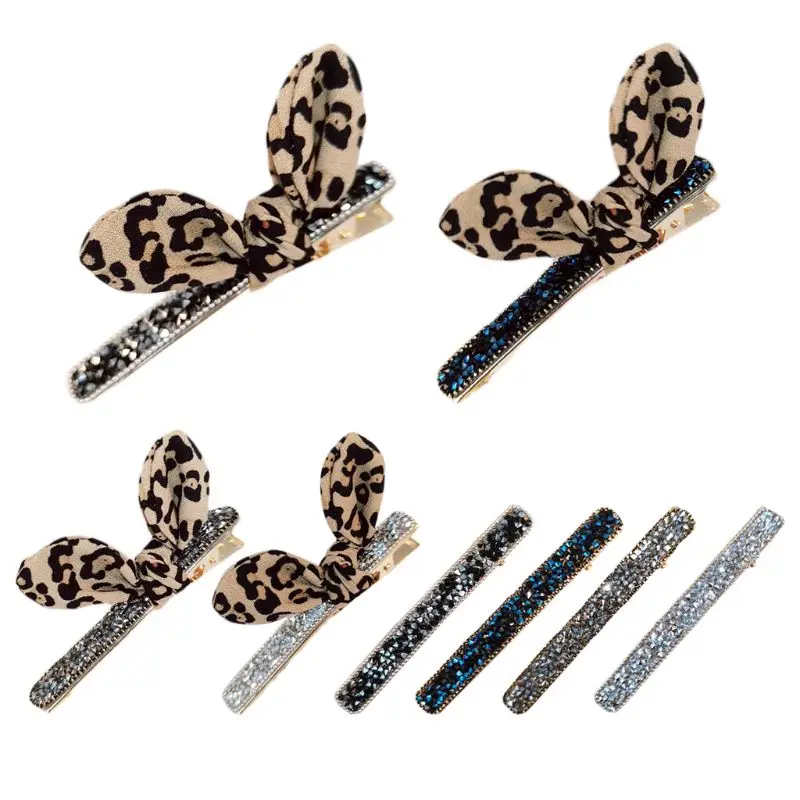 

Ladies Girls Korean Style One Word Alligator Hair Clips Leopard Rabbit Ear Bowknot Decor Hairgrips Glitter Rhinestone Party
