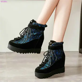 

New Creepers Women Lace Up Faux Suede High Heels Spike Studded Pumps Wedge Platform Ankle Boots Casual Party Sneakers Punk Shoes