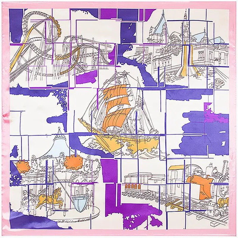 

90x90cm Europe style Imitation Silk Scarf Women Sketch Of Sailing Train Construction NeckerChief Bandana Square Muslim Headscarf