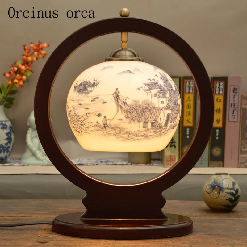 New Chinese antique creative ceramic table lamp bedroom bedside lamp American Pastoral flower painting solid wood desk lamp New Chinese antique creative ceramic table lamp bedroom bedside lamp American Pastoral flower painting solid wood desk lamp