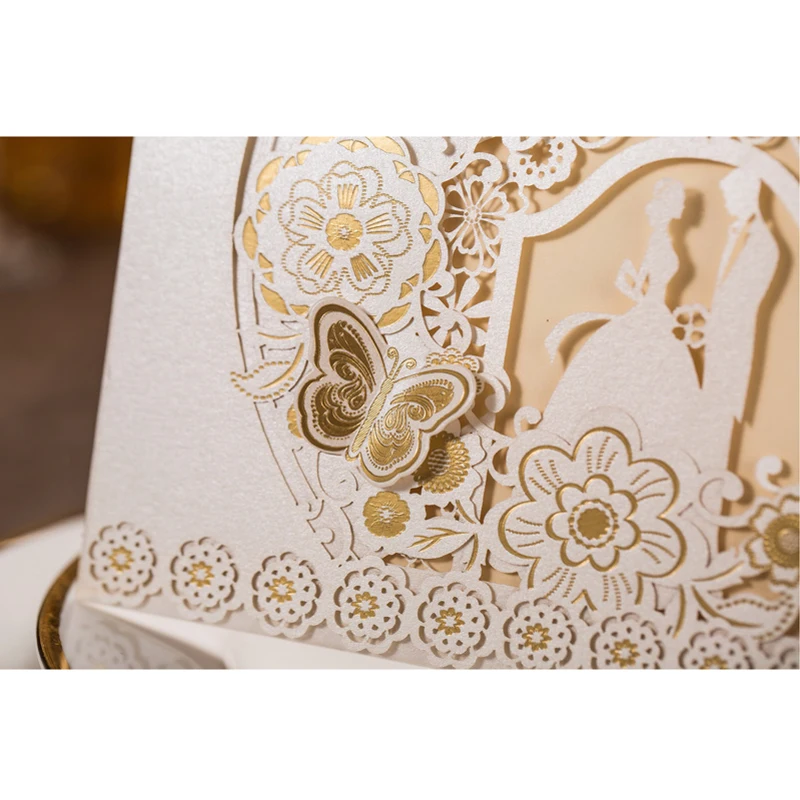 50pcs WhiteGold Bride and Groom Laser Cut Wedding Invitations Card Butterfly Elegant  Wedding Engagement Event & Party Supplies (5)