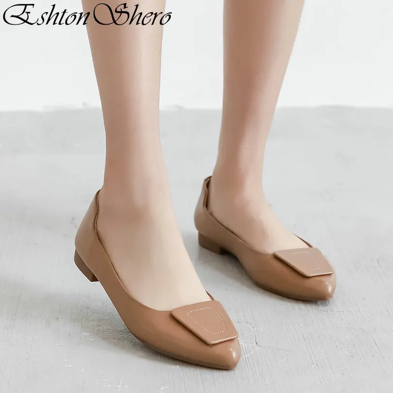 

EshtonShero 2019 Women's Flats Shoes Woman Leather+PU Flat Heels Pointed Toe Buckle Apricot Ladies Wedding Clogs Shoes Size 3-12