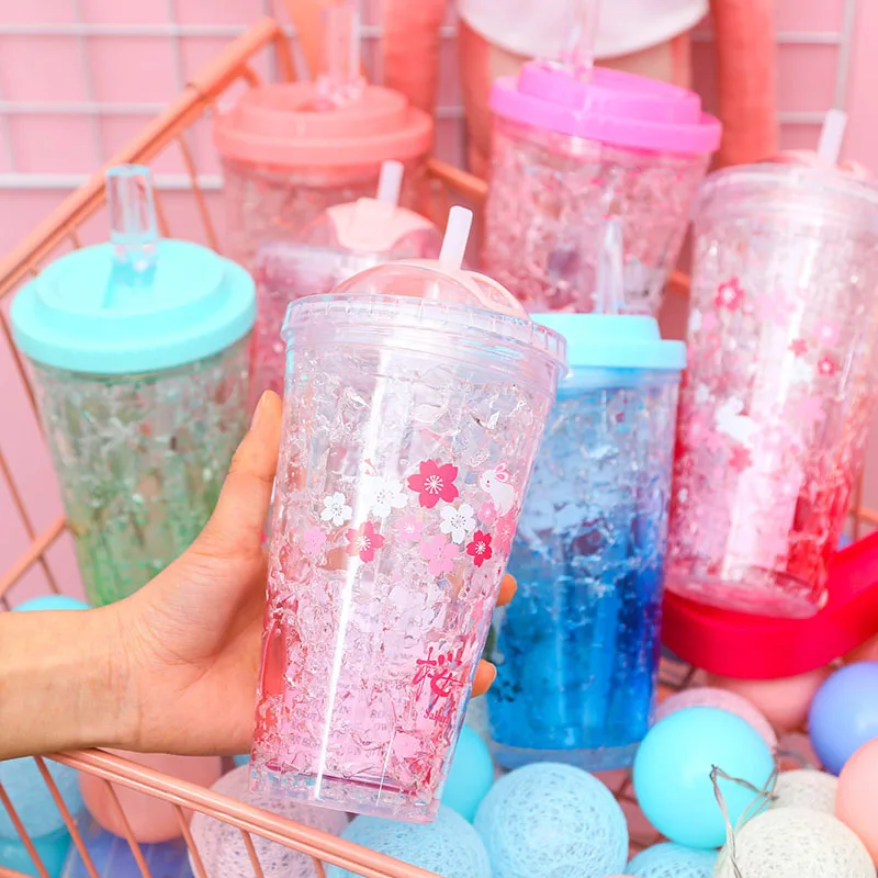 

Rabbit ice cup pink girl heart student broken ice slide sippy cup portable plastic water cup