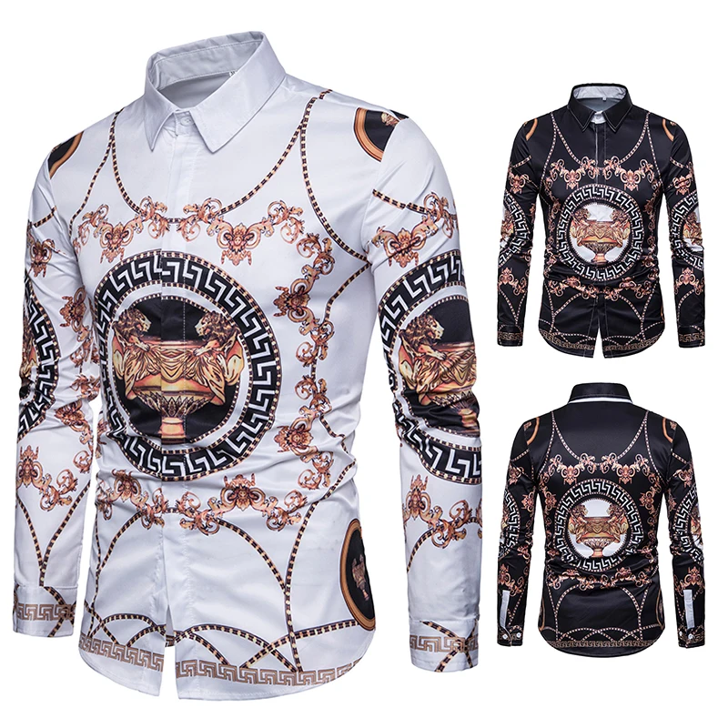 Casual Print Cotton Shirts Mens Long Sleeve Spring New Male Slim Fit Turn-down Collar Shirt Black Fashion