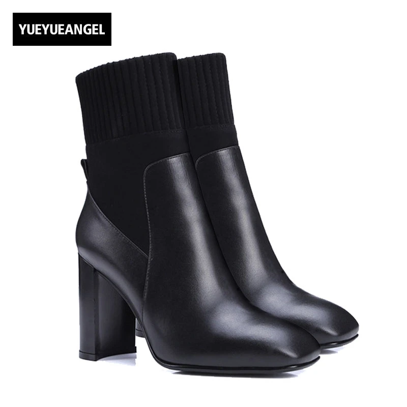 

Winter New Boots European Square Toe Genuine Leather Stitching Womens Shoes Female Warm Shoes Zipper High Heel Black Pink
