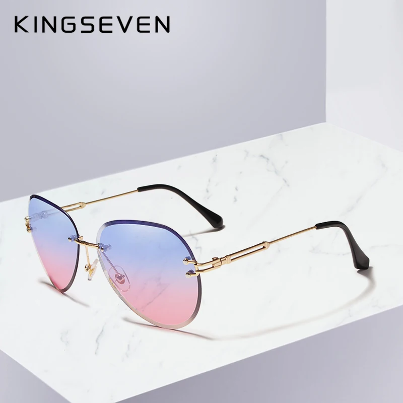 Женские солнцезащитные очки без оправы KINGSEVEN синие авиаторы с градиентными
