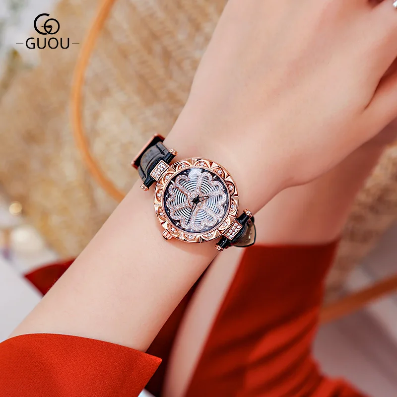 

GUOU Luxury Skeleton Women Quartz Watches Rotatable Rhinestone Dial Water Proof Red Ladies Wristwatches Leather Clock Gifts 6607