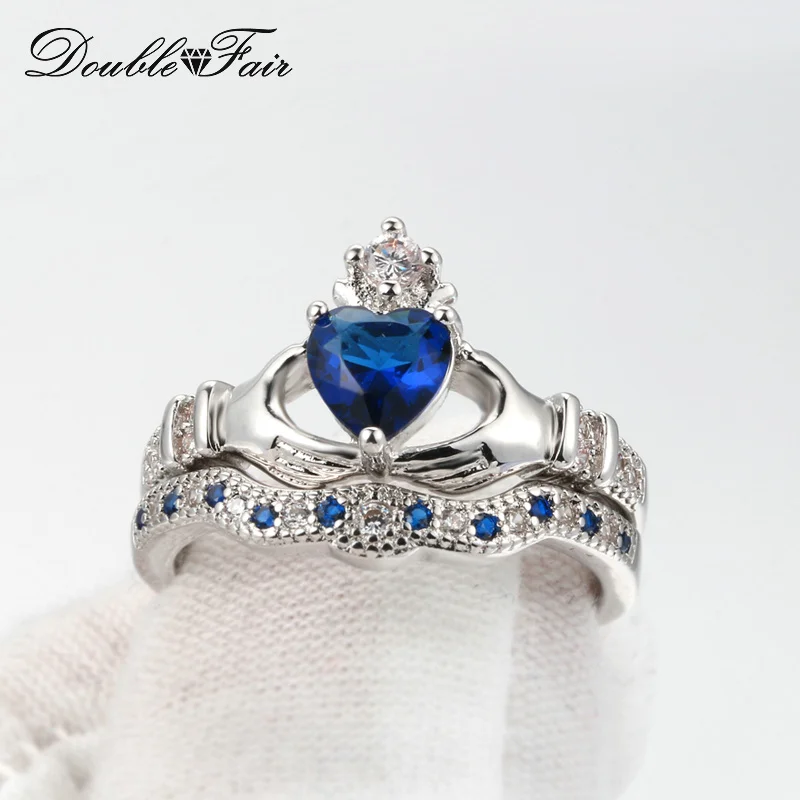 Уникальное кольцо в форме сердца с голубым кристаллом в форме короны, наборы серебряных колец в ручную, модные кольца, ювелирные изделия для женщин DFR616