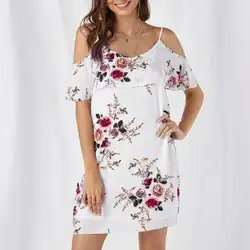 Мода Boho для женщин цветочный летнее платье 2019 печати Сексуальная с плеча Cami Beach спинки V образным вырезом Свободные Белый Сарафан Vestidos