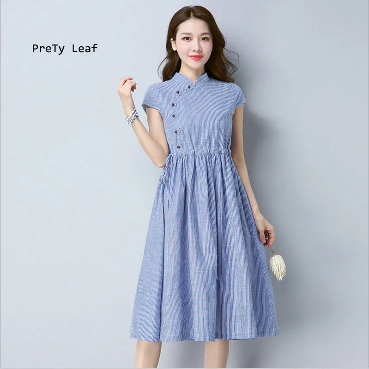 

The new large size women's striped cotton and linen temperament dress