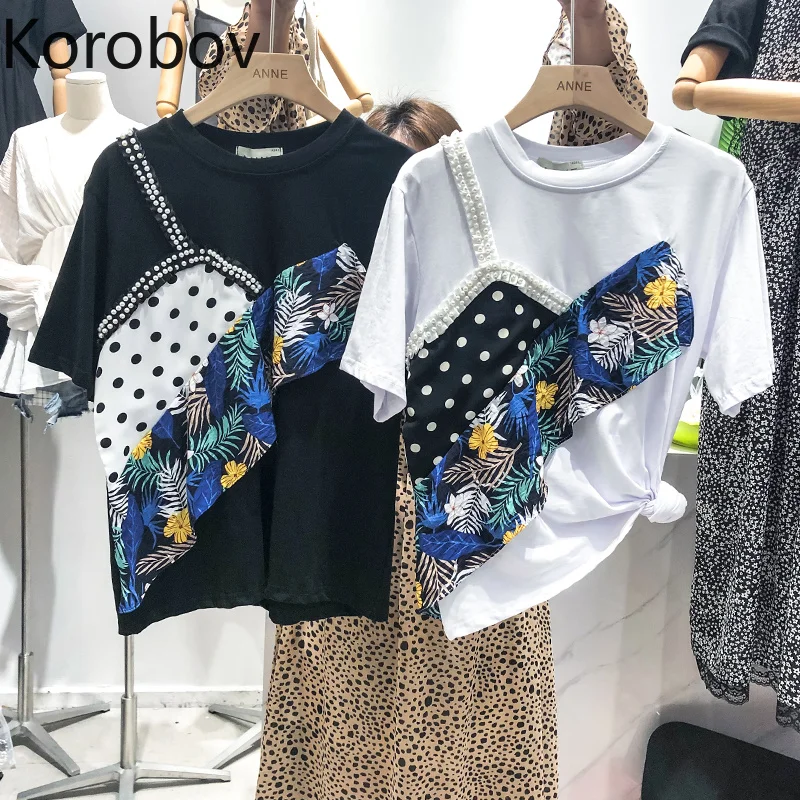 Korobov корейские повседневные Лоскутные женские футболки в горошек с жемчужинами