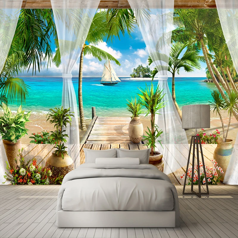 Custom 3D Photo Wallpaper Balcony Sandy Beach Sea View 3D Living Room Sofa Bedroom TV Background Wall Mural Wallpaper Home Decor