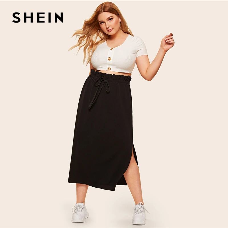 SHEIN, черная юбка размера плюс, с рюшами, на завязках, на талии, с разрезом сбоку,, Женская Весенняя Летняя Повседневная Длинная юбка макси с подолом