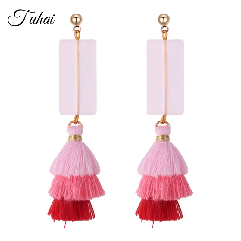 Bohemian 3 Layered Fringed Statement Tassel Earrings Pink Geometric Resin Women Drop Dangle Jewelry Wholesale | Украшения и