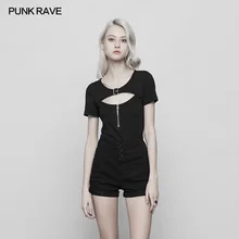 Панк Рейв черный готический модный сексуальный хлопок выдалбливают молния Повседневная Женская футболка Топы OPT250