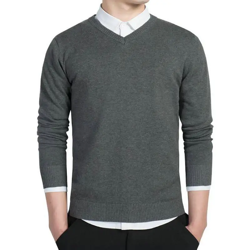 Новинка, однотонный хлопковый свитер, Мужской пуловер с длинными рукавами, мужской свитер с v-образным вырезом, топы свободного кроя, трикотажная одежда, 8 цветов - Цвет: Dark Grey