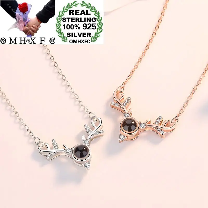 

OMHXFC Wholesale European Fashion Woman Party Gift Antler Love Projecting Zircon 100% S925 Sterling Silver Pendant Necklace CH01