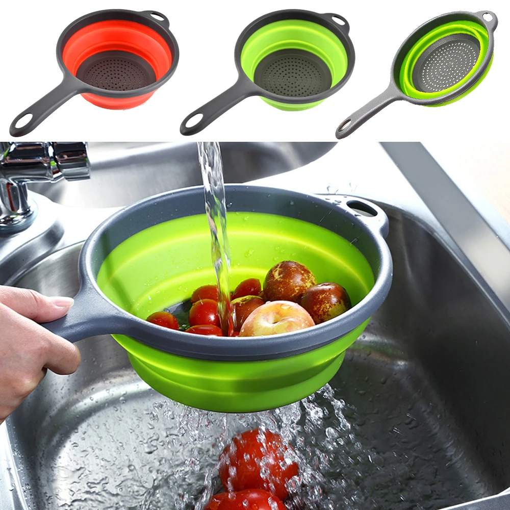 

Foldable Silicone Colander Round Fruit Vegetable Rice Pots Washing Basket Strainer Collapsible Drainer With Long Handle Kitchen