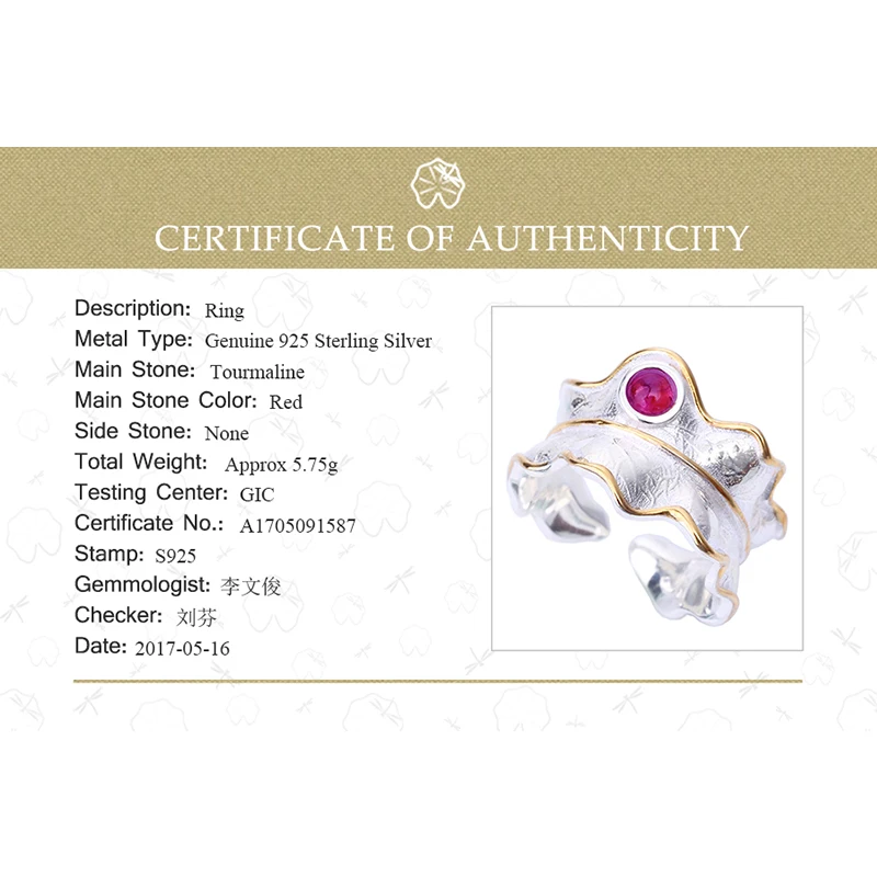 Lotus Fun Sterling Silver 925 Ring for Women 2017 Unique Green Tourmaline Twist Leaf Open Cuff Resizable Ring Band Fine Jewelry