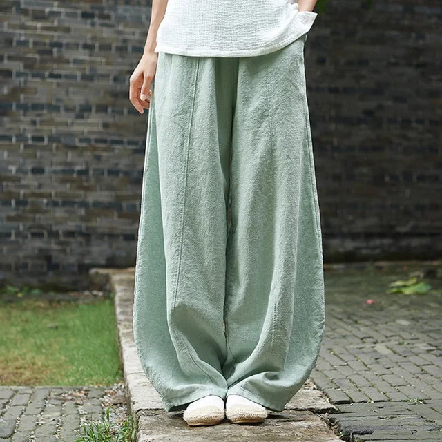 US $43.09 Autumn Solid Color Pockets Loose Pants New Women Vintage Elastic Waist Cotton Linen Wide Leg Full L