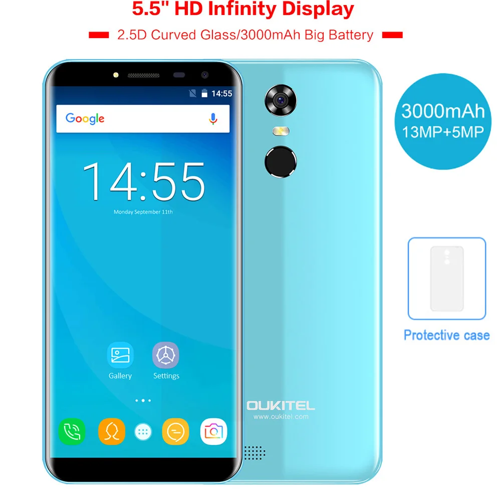 OUKITEL C8 3G Mobile Phone 5.5&quot 2.5D Arc Screen Android 7.0 MTK6580A Quad Core 2GB+16GB Fingerprint Scanner 8.0MP Rear Camera|mobile phone