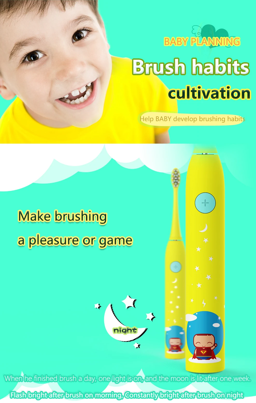 SmartSonic+ Детская электрическая зубная щетка, походная коробка, Беспроводной заряда, желтый, встроенный автоматический таймер, IPX7, светодиодная надпись для выключателя