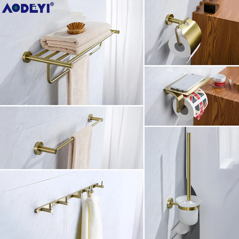 Bathroom Hardware Set Brushed Gold Robe Hook Towel Rail Rack Bar Shelf Paper Holder Wall Mount Bathroom Accessories SUS 304