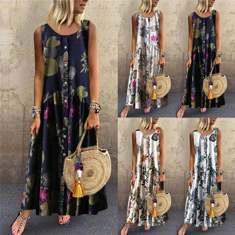 

2019 Plus Size Summer Women Casual Sleeveless Vintage Boho Floral Print Single Breasted Loose Party Long Shirt Dress Vestidos