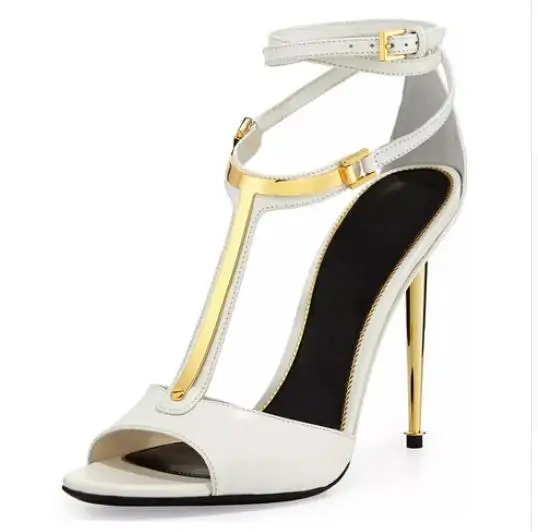 

European Style Woman White Peep Toe Ankle Buckle Strap Sandals Fashion T-Strap Gold Metal Decoration High Thin Heel Dress Shoes