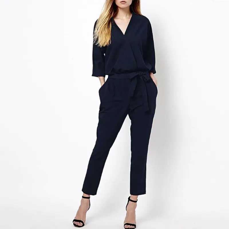 Solid Casual Jumpsuit Romper V neck Three Quarter Sleeve Bodysuit Women Sashes V Neck Jumpsuit