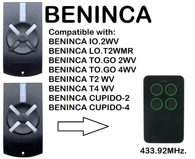 

BENINCA T2 WV, T4 WV Compatible Remote Control Rolling Code 433.92MHz.