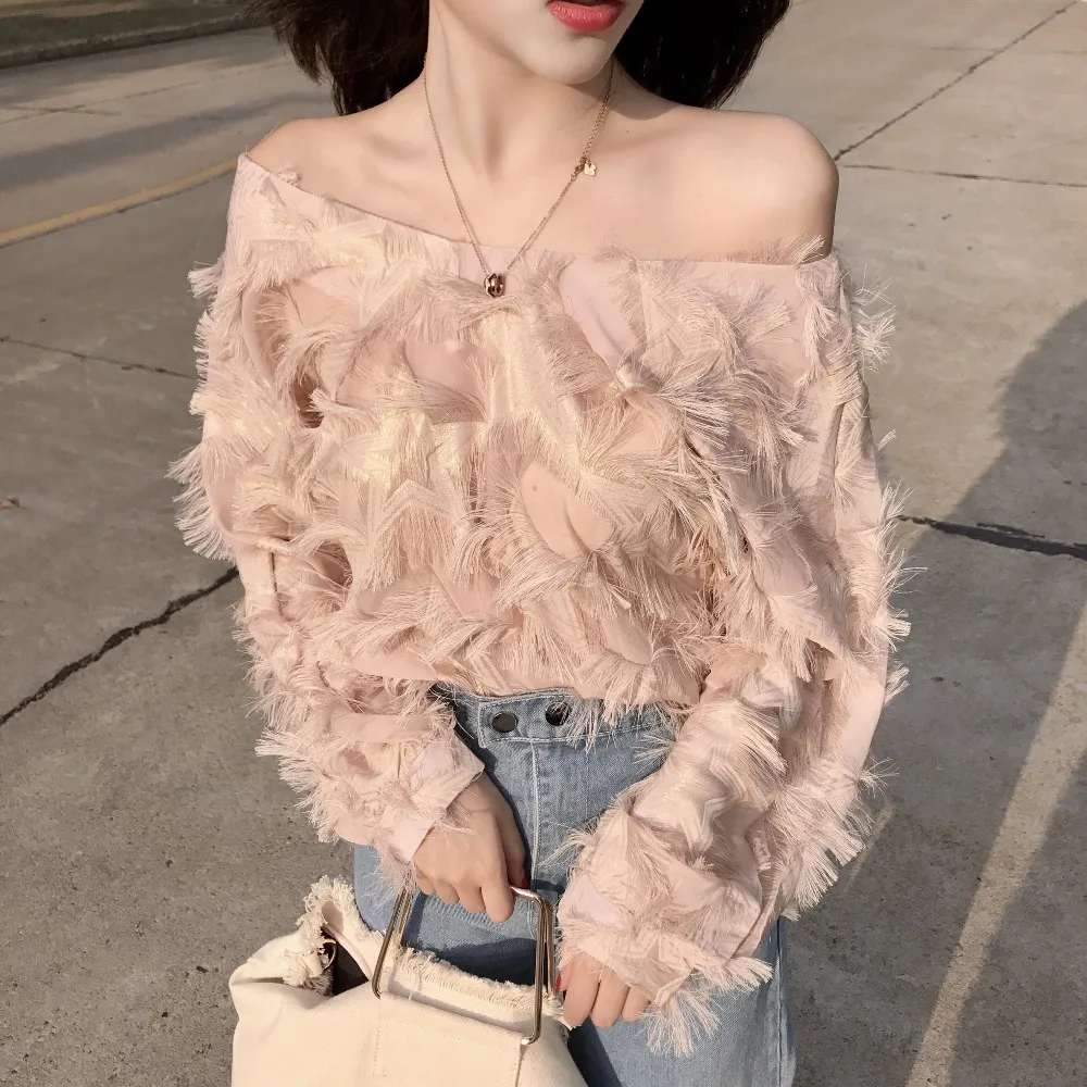 Women Blouse Elegant Feather Tassel Off Shoulder Female Blouse Shirt
