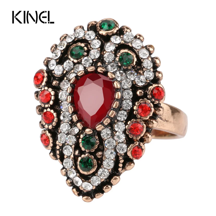 

Kinel Retro Jewelry Wholesale Unique Crystal Rings For Women Ancient Gold Color Red Resin Turkey Wedding Ring Jewelry
