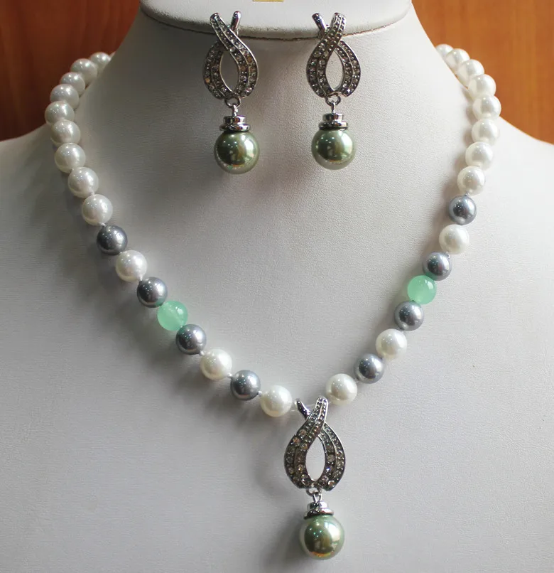 

pearl and jade jewelry sets! Wholesale charming 8mm white shell pearl necklace 14mm earring and pendant jewelry set>>002 (D)