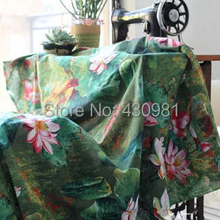 

100*140cm large lotus design background cloth home decorator retro chinese painting linen fabric curtain material
